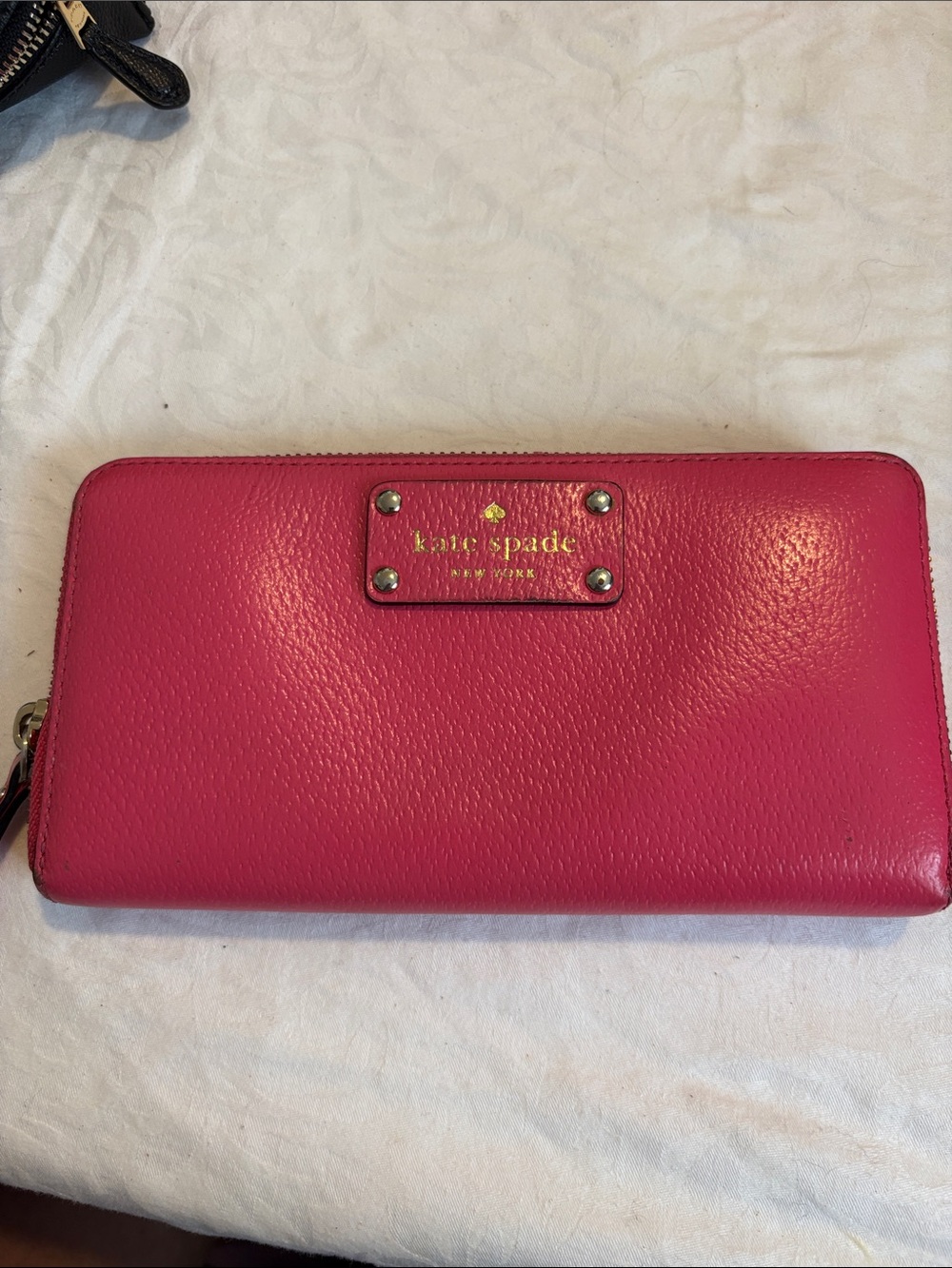 kate spade Hot Pink Leather Zip Wallet with Gold Logo Plate